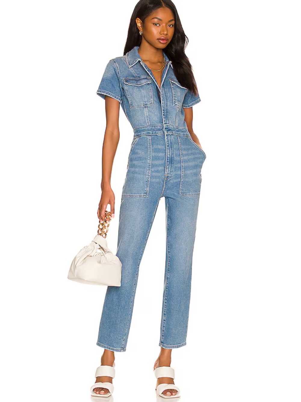 Good American Light Blue Denim Short-Sleeve Jumpsuit